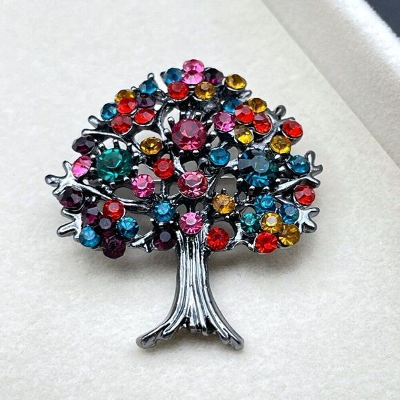 Gunmetal Gray with Multicolored Crystal Blooming Tree Pin Back Brooch - Picture 4 of 9